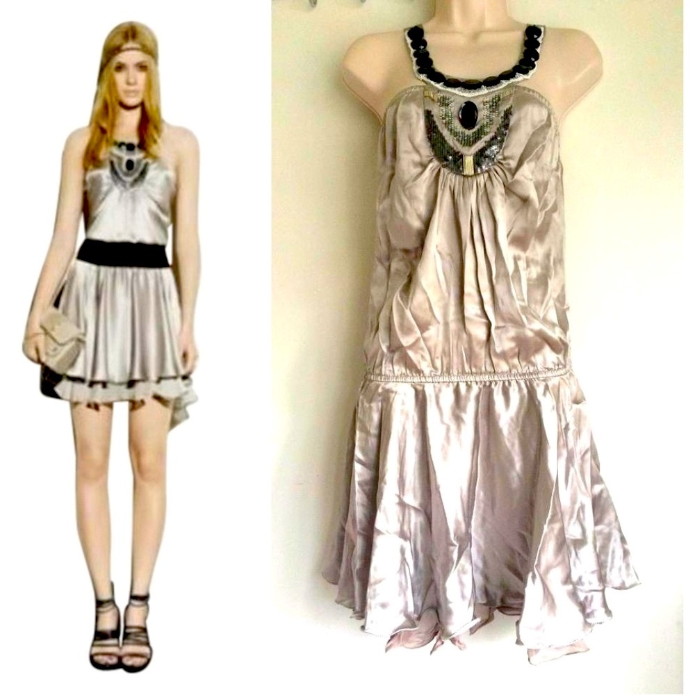 Spring Summer Patrizia Pepe Silver Silk Embellished Dress 42/6 New w tag $1000